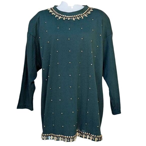 Vintage Green Goldy Leaves Embellished Neck Hem Beaded Blouse Top Shirt One Size - Picture 1 of 8